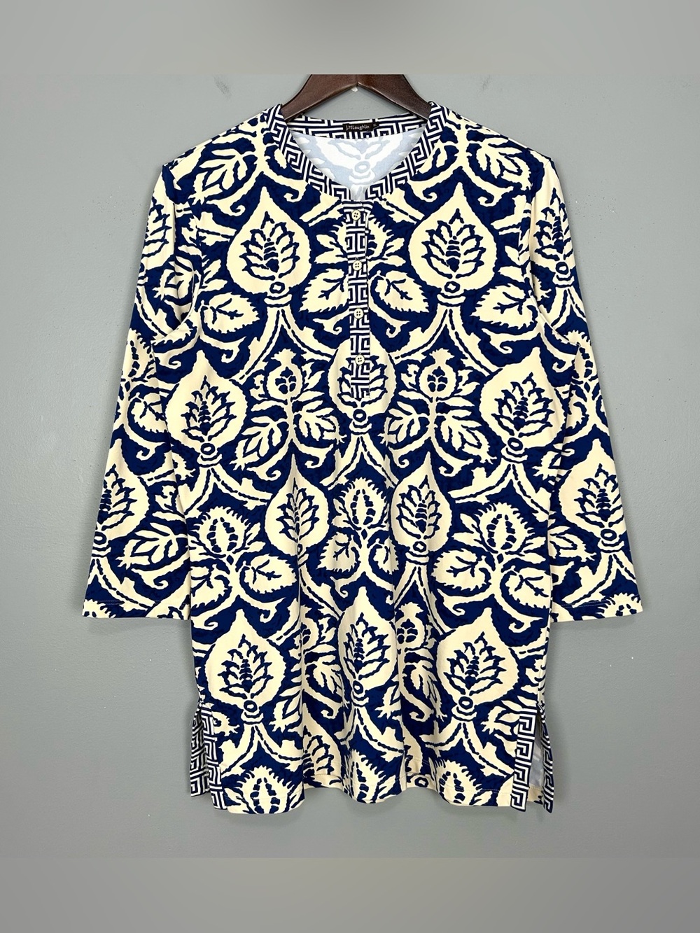 J. McLaughlin Catalina Knit Tunic Top Women’s Size XL Navy Ikat Preppy Stretch